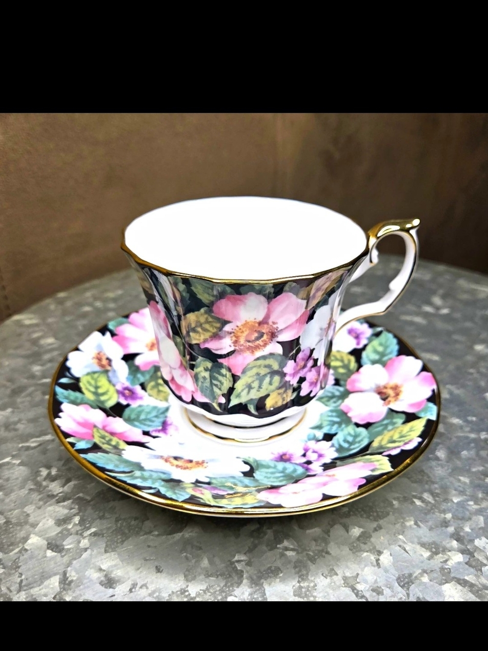 Vintage Queen’s Midnight Bloom Fine Bone China Teacup & Saucer England Floral